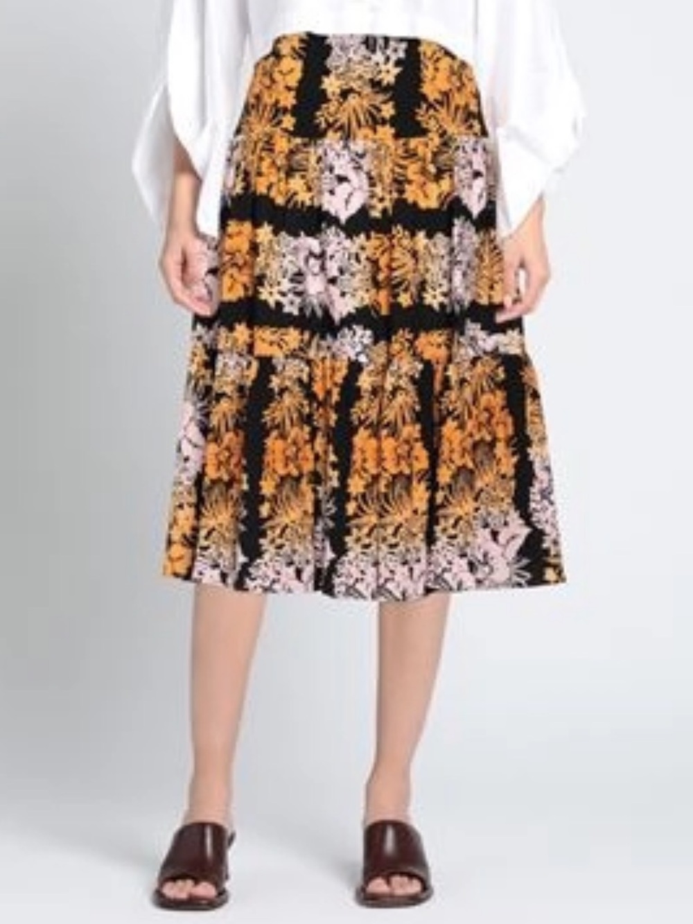 Sandro Paris Maddie floral a line midi tiered skirt US SZ 8-10 cotton blend